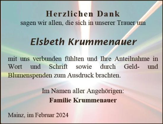 Traueranzeige von Elsbeth Krummenauer von Allgemeine Zeitung Mainz