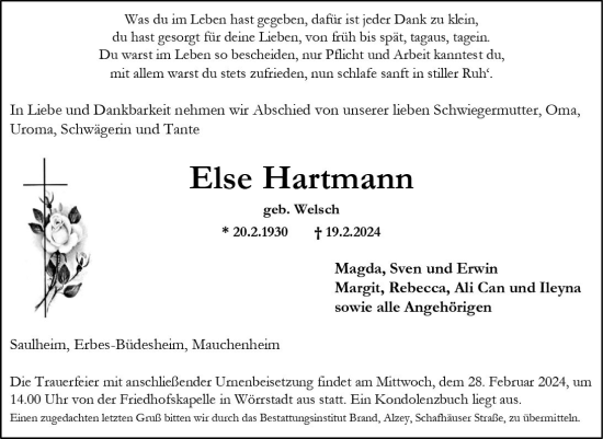 Traueranzeige von Else Hartmann von Allgemeine Zeitung Alzey