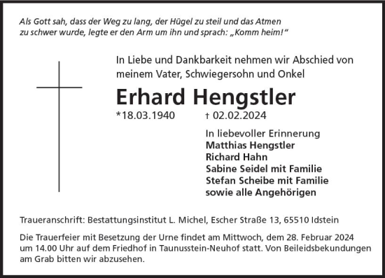 Traueranzeige von Erhard Hengstler von Idsteiner Land/Untertaunus