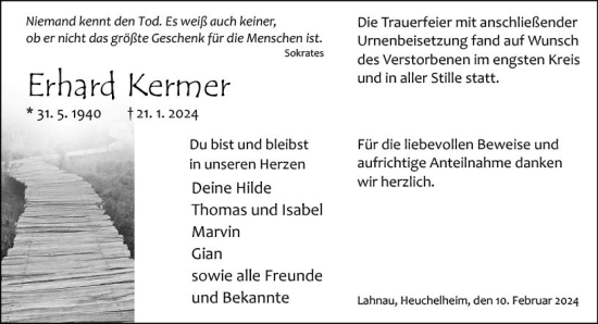 Traueranzeige von Erhard Kermer von Wetzlarer Neue Zeitung