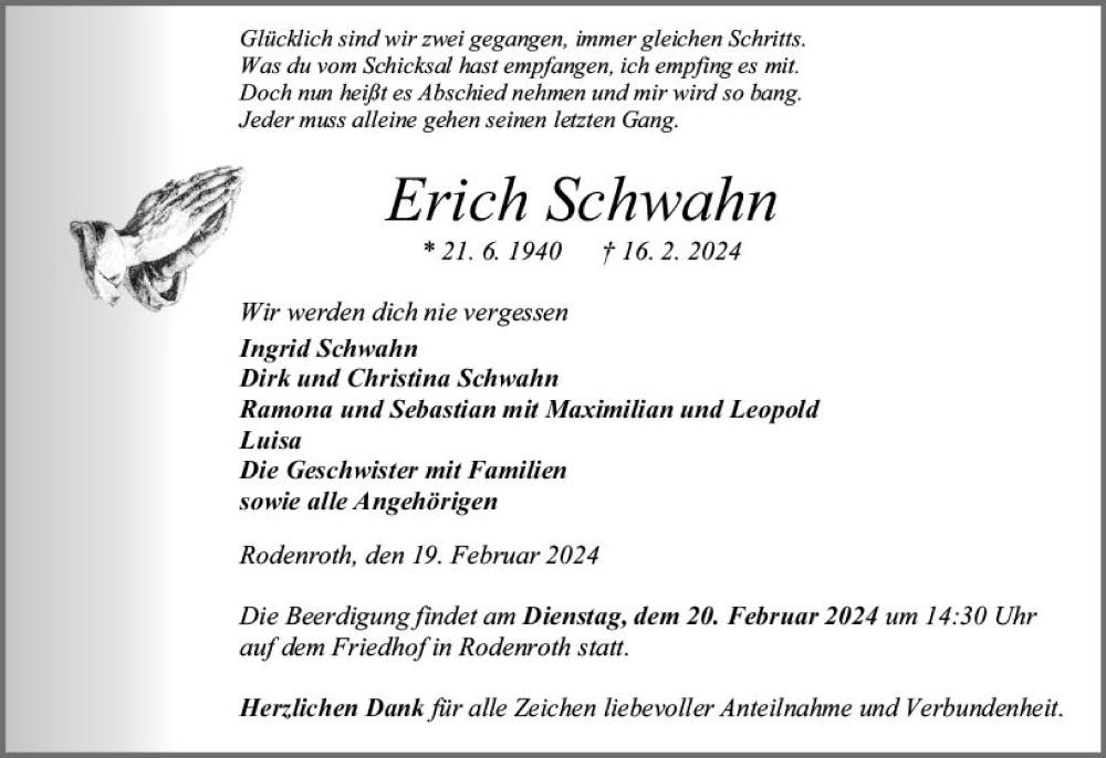  Traueranzeige für Erich Schwahn vom 19.02.2024 aus Dill Block