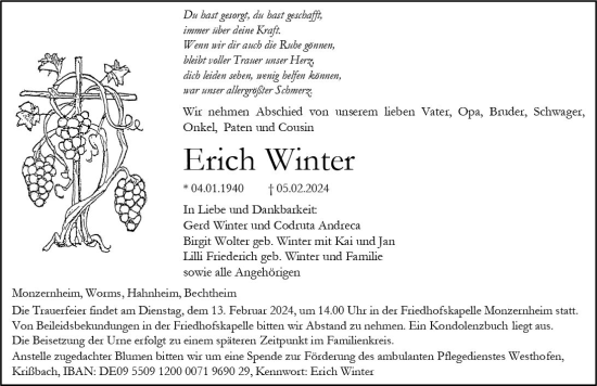 Traueranzeige von Erich Winter von Allgemeine Zeitung Alzey