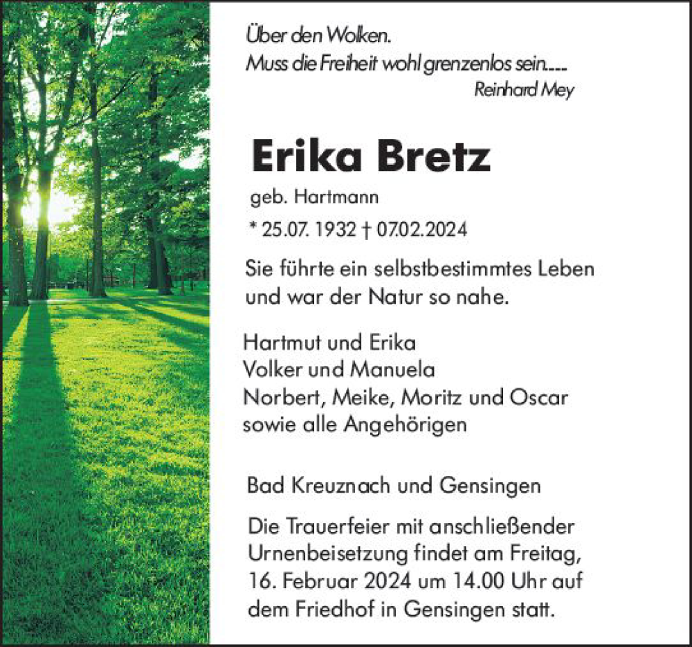  Traueranzeige für Erika Bretz vom 10.02.2024 aus Allgemeine Zeitung Bad Kreuznach