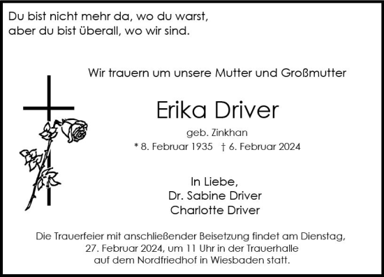 Traueranzeige von Erika Driver von Wiesbadener Kurier
