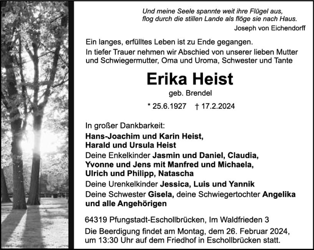  Traueranzeige für Erika Heist vom 24.02.2024 aus Darmstädter Echo