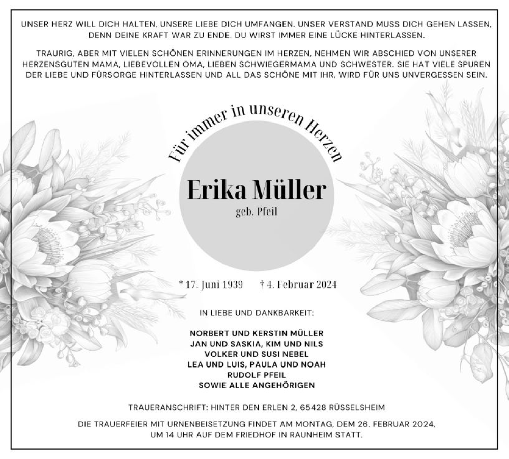  Traueranzeige für Erika Müller vom 17.02.2024 aus Rüsselsheimer Echo