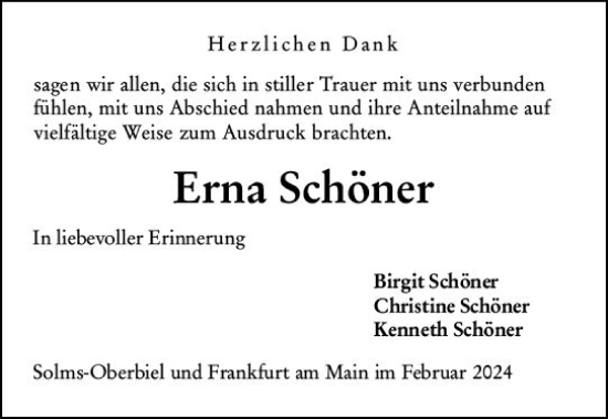 Traueranzeige von Erna Schöner von Wetzlarer Neue Zeitung