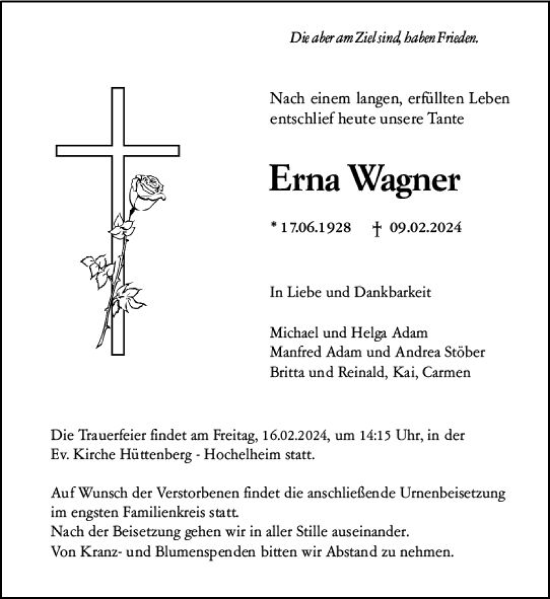 Traueranzeige von Erna Wagner von Wetzlarer Neue Zeitung