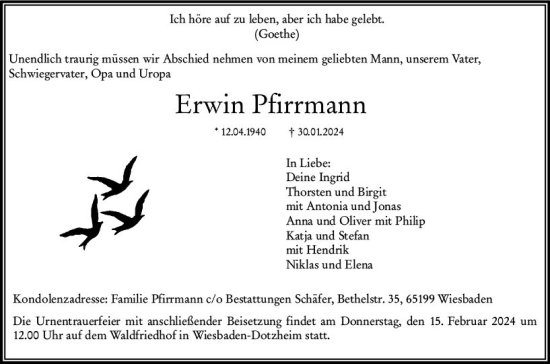 Traueranzeige von Erwin Pfirrmann von Wiesbadener Kurier