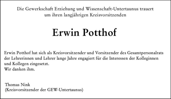 Traueranzeige von Erwin Potthof von Idsteiner Land/Untertaunus