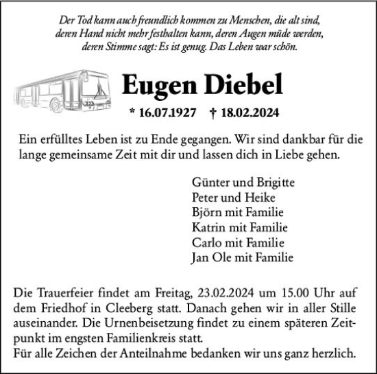 Traueranzeige von Eugen Diebel von Wetzlarer Neue Zeitung