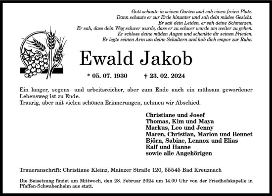 Traueranzeige von Ewald Jakob von Allgemeine Zeitung Bad Kreuznach