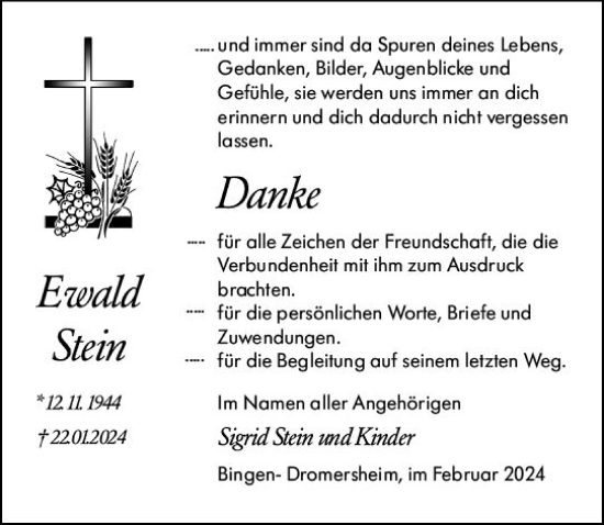 Traueranzeige von Ewald Stein von Allgemeine Zeitung Bingen/Ingelheim
