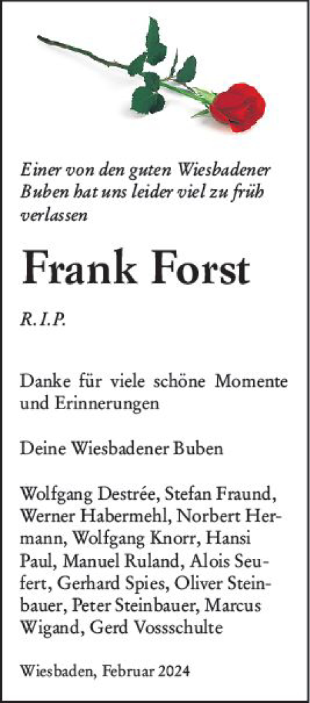 Traueranzeige von Frank Forst von Wiesbadener Kurier
