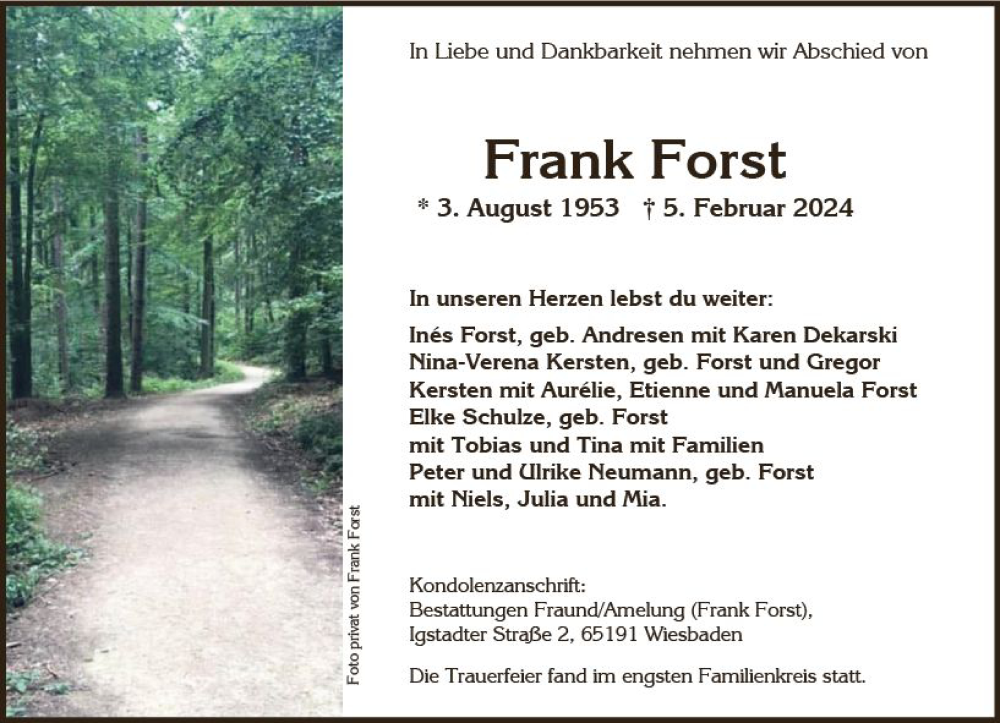 Traueranzeige für Frank Forst vom 24.02.2024 aus Wiesbadener Kurier