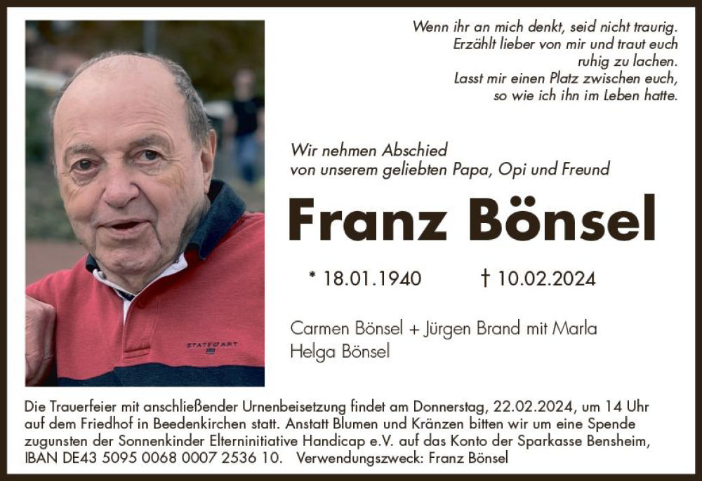  Traueranzeige für Franz Bönsel vom 17.02.2024 aus Darmstädter Echo