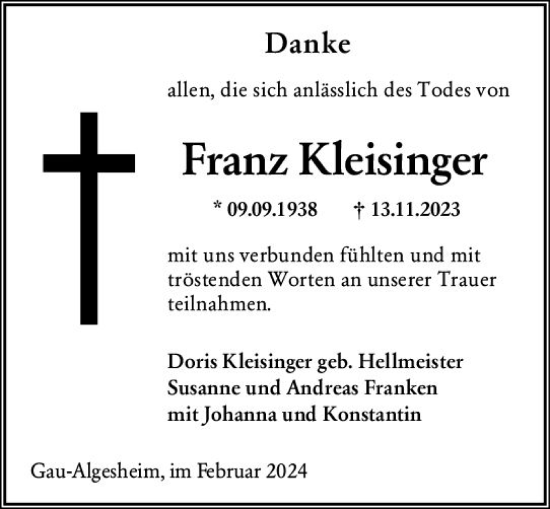Traueranzeige von Franz Kleisinger von Allgemeine Zeitung Bingen/Ingelheim