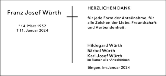 Traueranzeige von Franz Josef Würth von Allgemeine Zeitung Bingen/Ingelheim