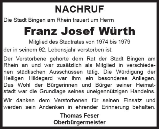 Traueranzeige von Franz Josef Würth von Allgemeine Zeitung Bingen/Ingelheim