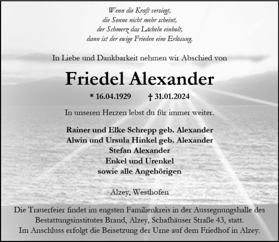 Traueranzeige von Friedel Alexander von Allgemeine Zeitung Alzey