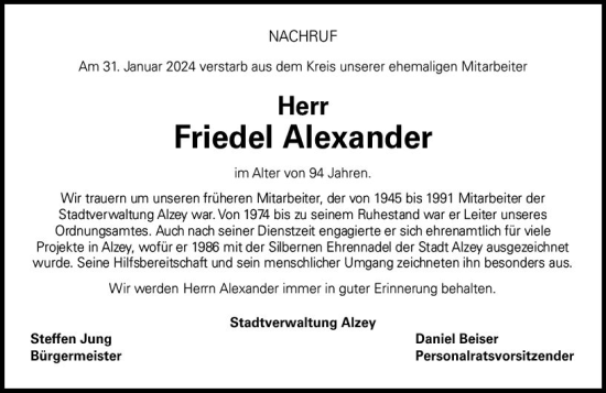 Traueranzeige von Friedel Alexander von Allgemeine Zeitung Alzey