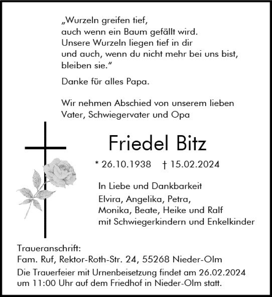  Traueranzeige für Friedel Bitz vom 17.02.2024 aus Allgemeine Zeitung Mainz