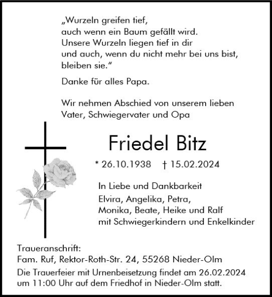 Traueranzeige von Friedel Bitz von Allgemeine Zeitung Mainz