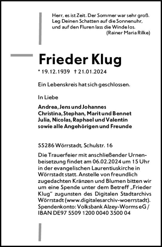 Traueranzeige von Frieder Klug von Allgemeine Zeitung Alzey