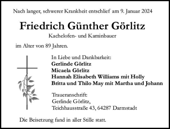 Traueranzeige von Friedrich Günther Görlitz von Nassauische Neue Presse