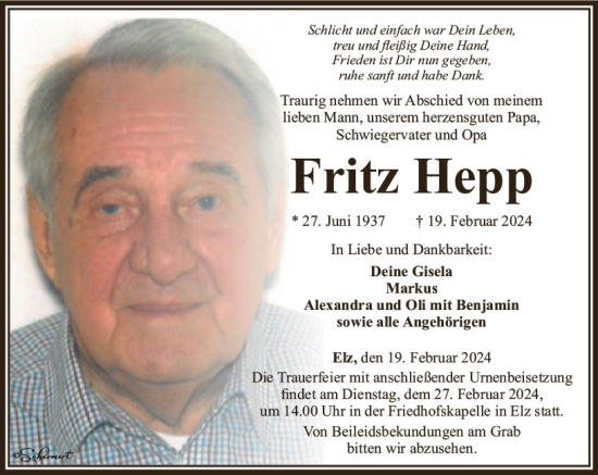 Traueranzeige von Fritz Hepp von Nassauische Neue Presse