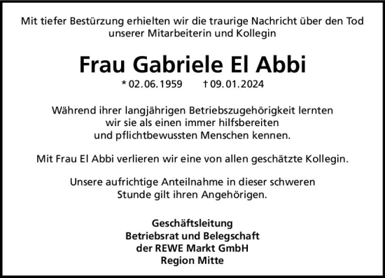 Traueranzeige von Gabriele El Abbi von Allgemeine Zeitung Bingen/Ingelheim