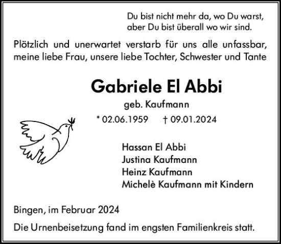 Traueranzeige von Gabriele El Abbi von Binger-/Ingelheimer Wochenblatt