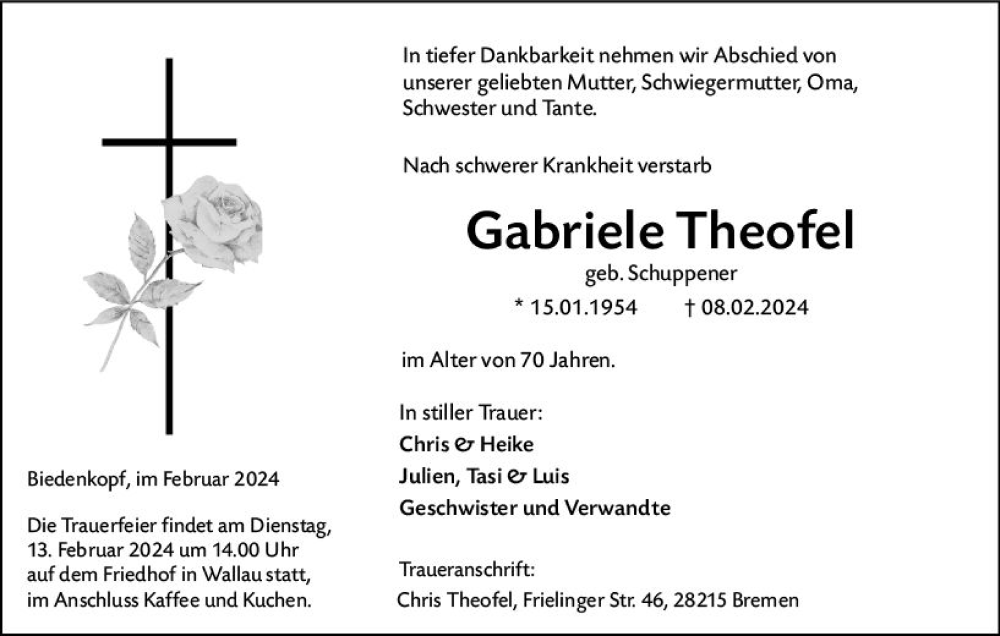  Traueranzeige für Gabriele Theofel vom 12.02.2024 aus Hinterländer Anzeiger