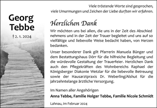 Traueranzeige von Georg Tebbe von Wetzlarer Neue Zeitung