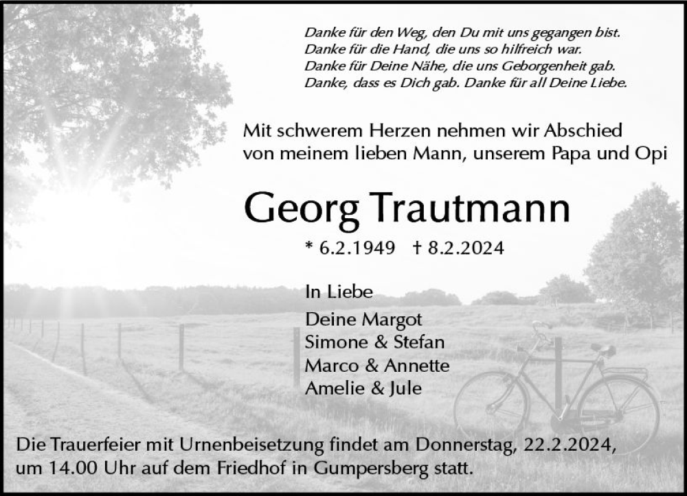  Traueranzeige für Georg Trautmann vom 17.02.2024 aus Odenwälder Echo