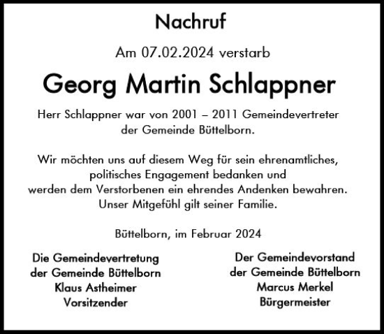 Traueranzeige von Georg Martin Schlappner von Groß-Gerauer Echo