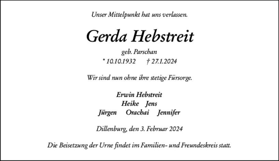 Traueranzeige von Gerda Hebstreit von Dill Block
