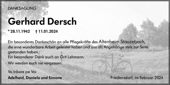 Traueranzeige von Gerhard Dersch von Hinterländer Anzeiger