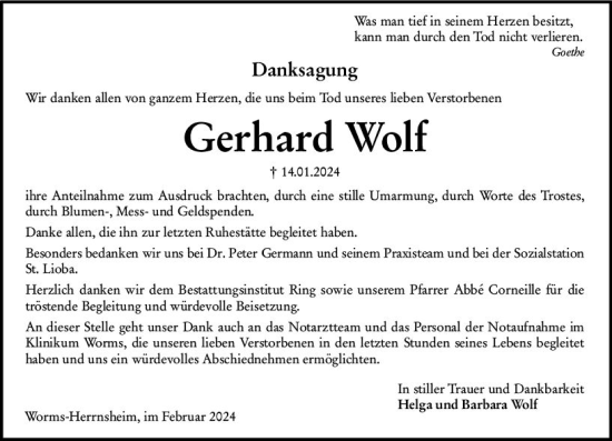Traueranzeige von Gerhard Wolf von Wormser Zeitung