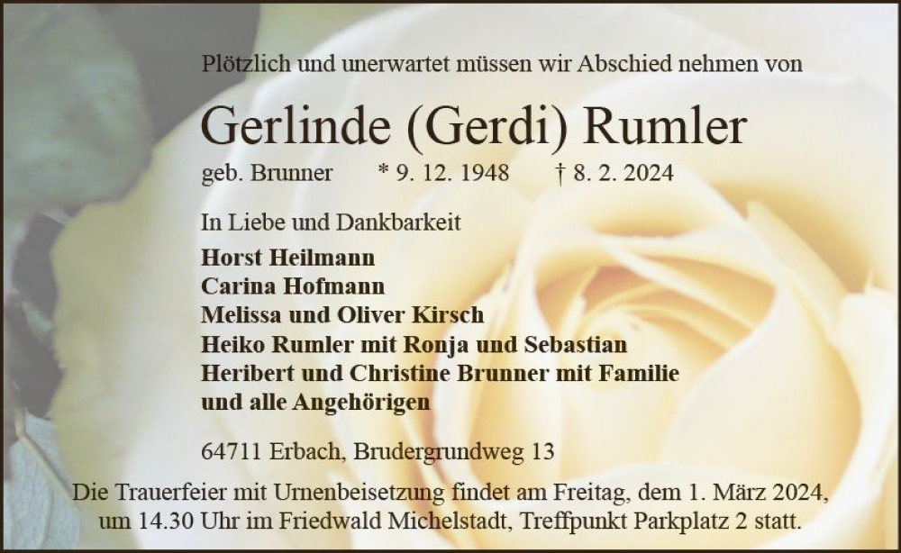  Traueranzeige für Gerlinde Rumler vom 17.02.2024 aus Odenwälder Echo