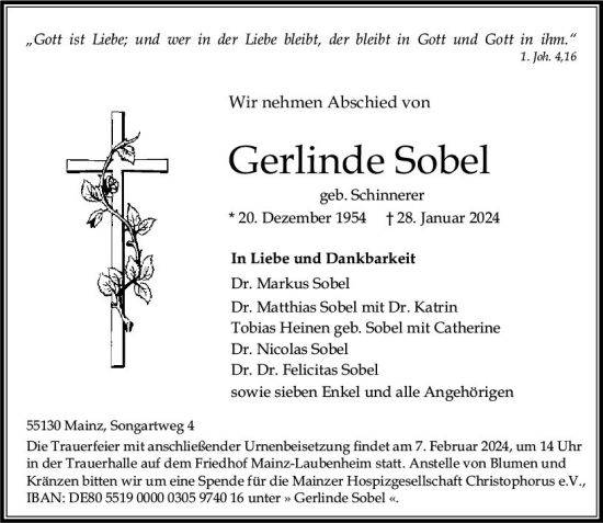 Traueranzeige von Gerlinde Sobel von Allgemeine Zeitung Mainz