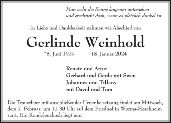 Traueranzeige von Gerlinde Weinhold von Wormser Zeitung