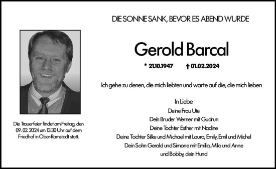 Traueranzeige von Gerold Barcal von Darmstädter Echo