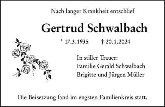 Traueranzeige von Gertrud Schwalbach von Wiesbadener Kurier