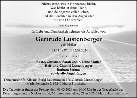 Traueranzeige von Gertrude Lustenberger von Allgemeine Zeitung Mainz