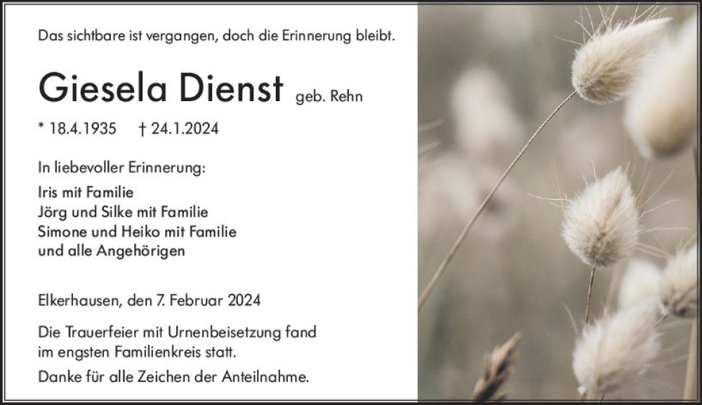  Traueranzeige für Giesela Dienst vom 07.02.2024 aus Weilburger Tageblatt