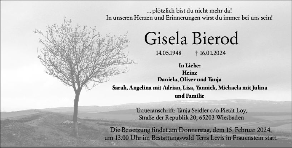  Traueranzeige für Gisela Bierod vom 10.02.2024 aus Wiesbadener Kurier