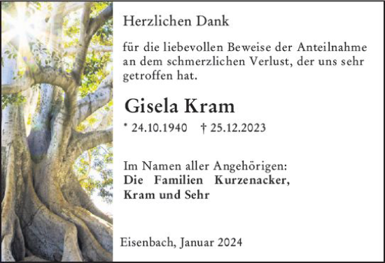 Traueranzeige von Gisela Kram von Camberger Anzeiger