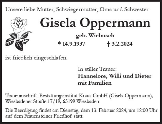 Traueranzeige von Gisela Oppermann von Wiesbadener Kurier