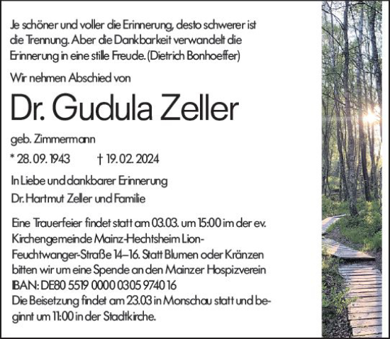 Traueranzeige von Gudula Zeller von Allgemeine Zeitung Mainz